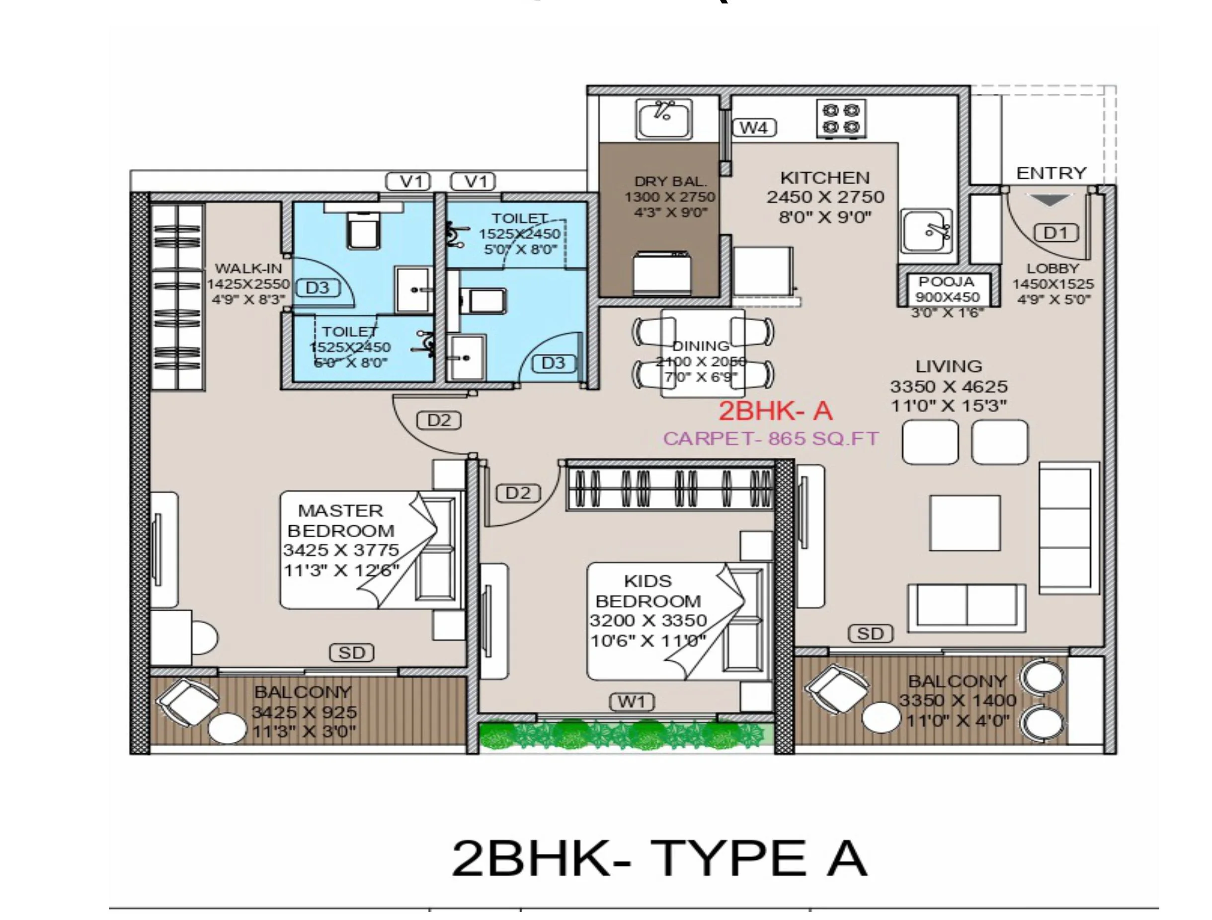 2 BHK floor plan