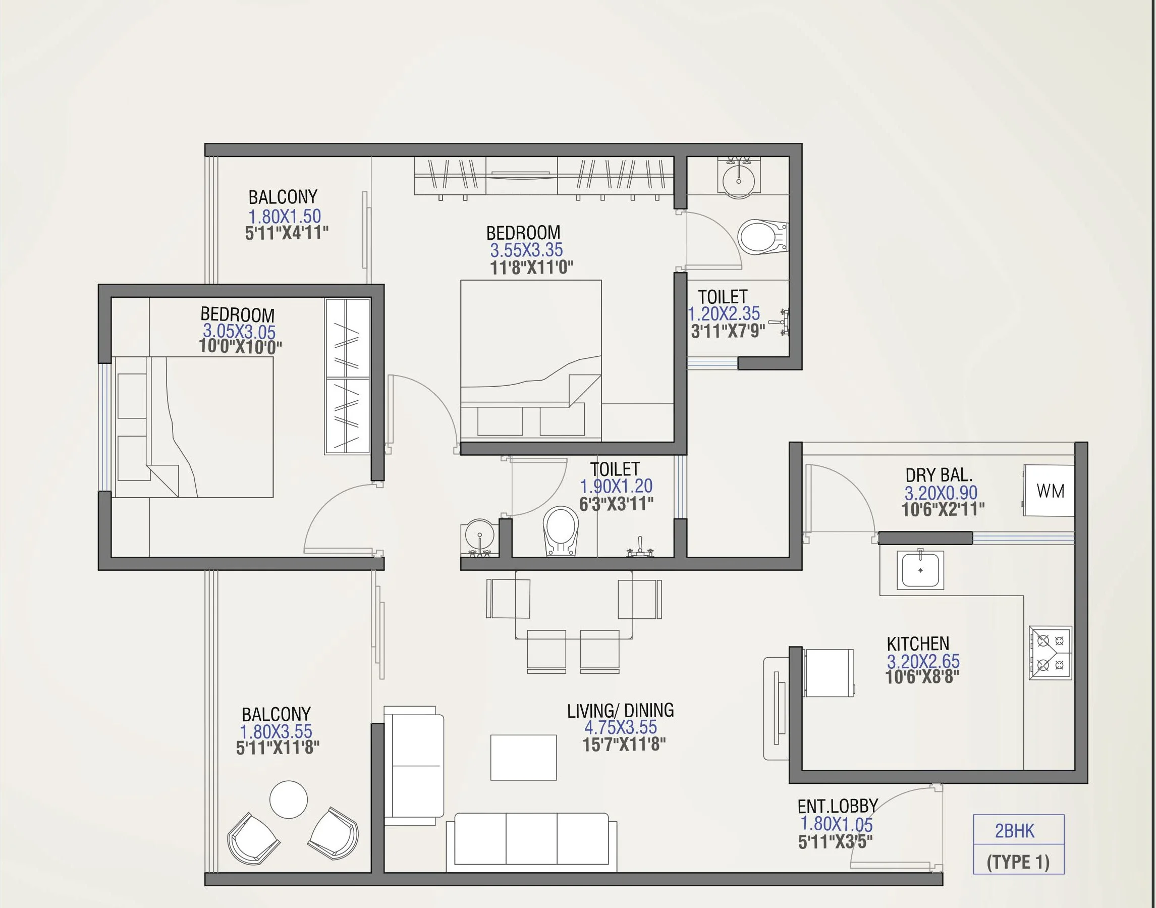 2 BHK floor plan