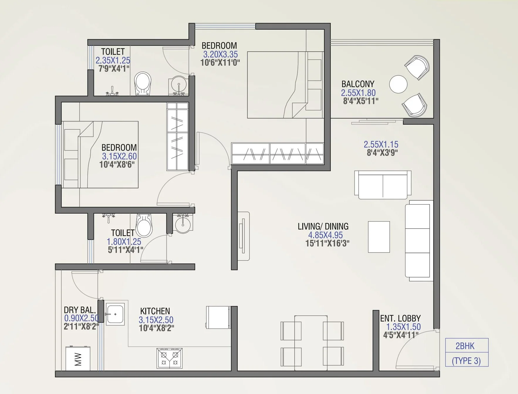 2 BHK floor plan