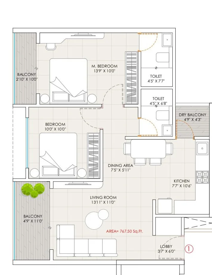 2 BHK floor plan