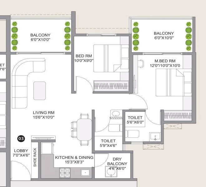 2 BHK floor plan