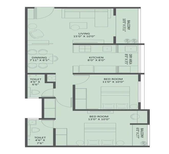 2 BHK floor plan
