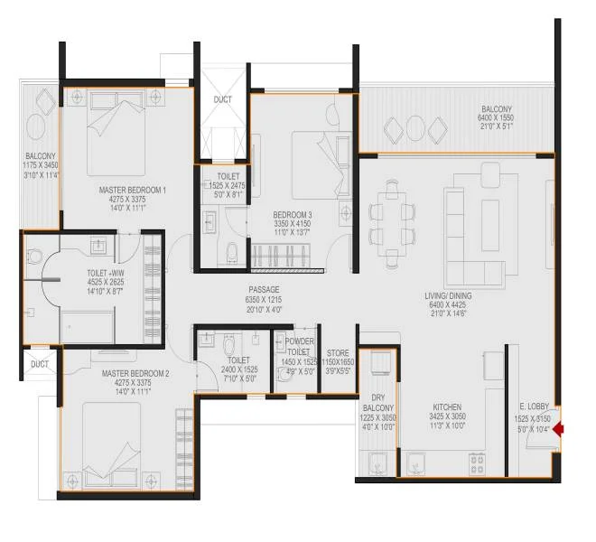 3 BHK floor plan
