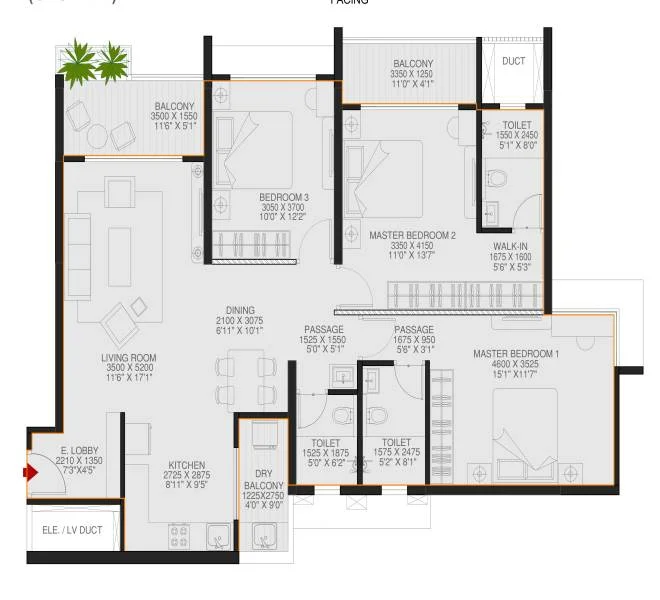 3 BHK floor plan