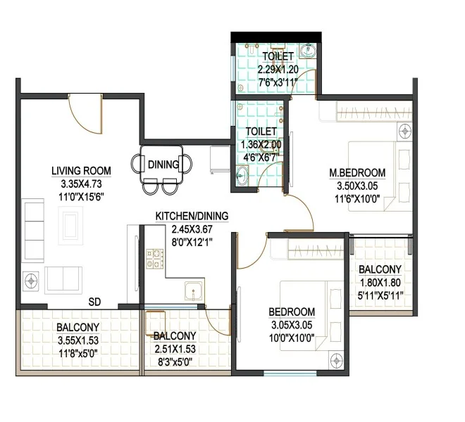 2 BHK floor plan