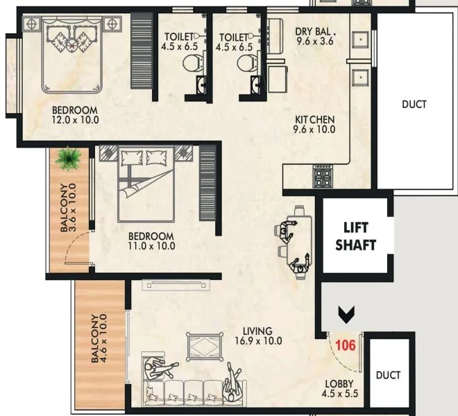 2 BHK floor plan