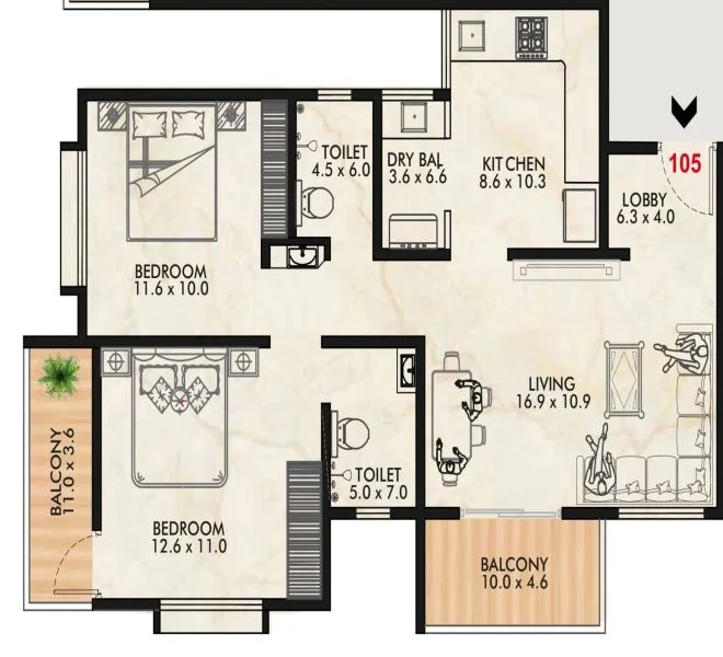 2 BHK floor plan