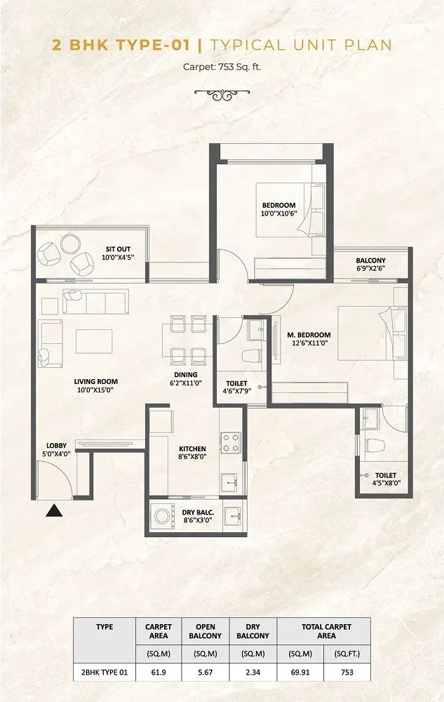 2 BHK floor plan