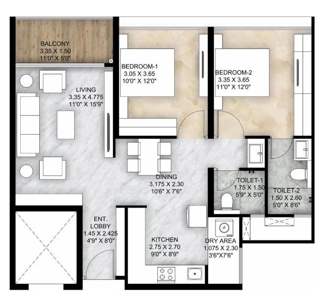 2 BHK floor plan
