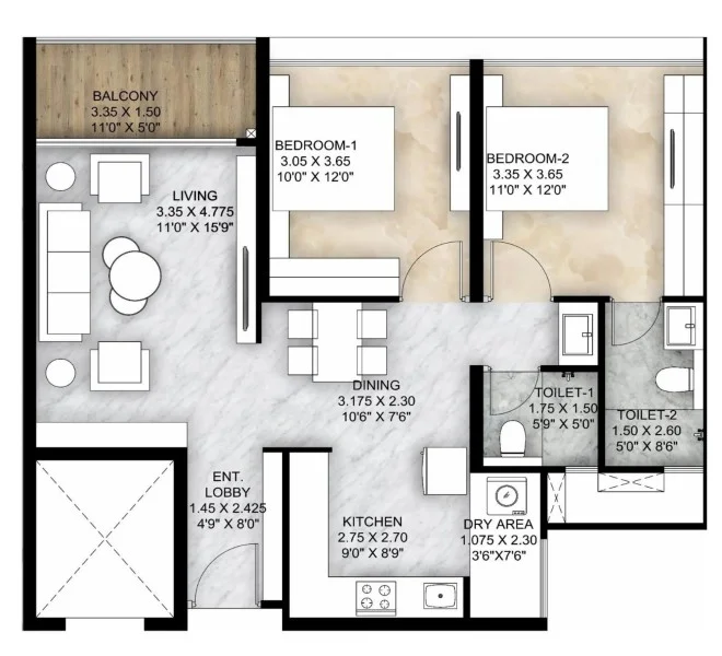 2 BHK floor plan