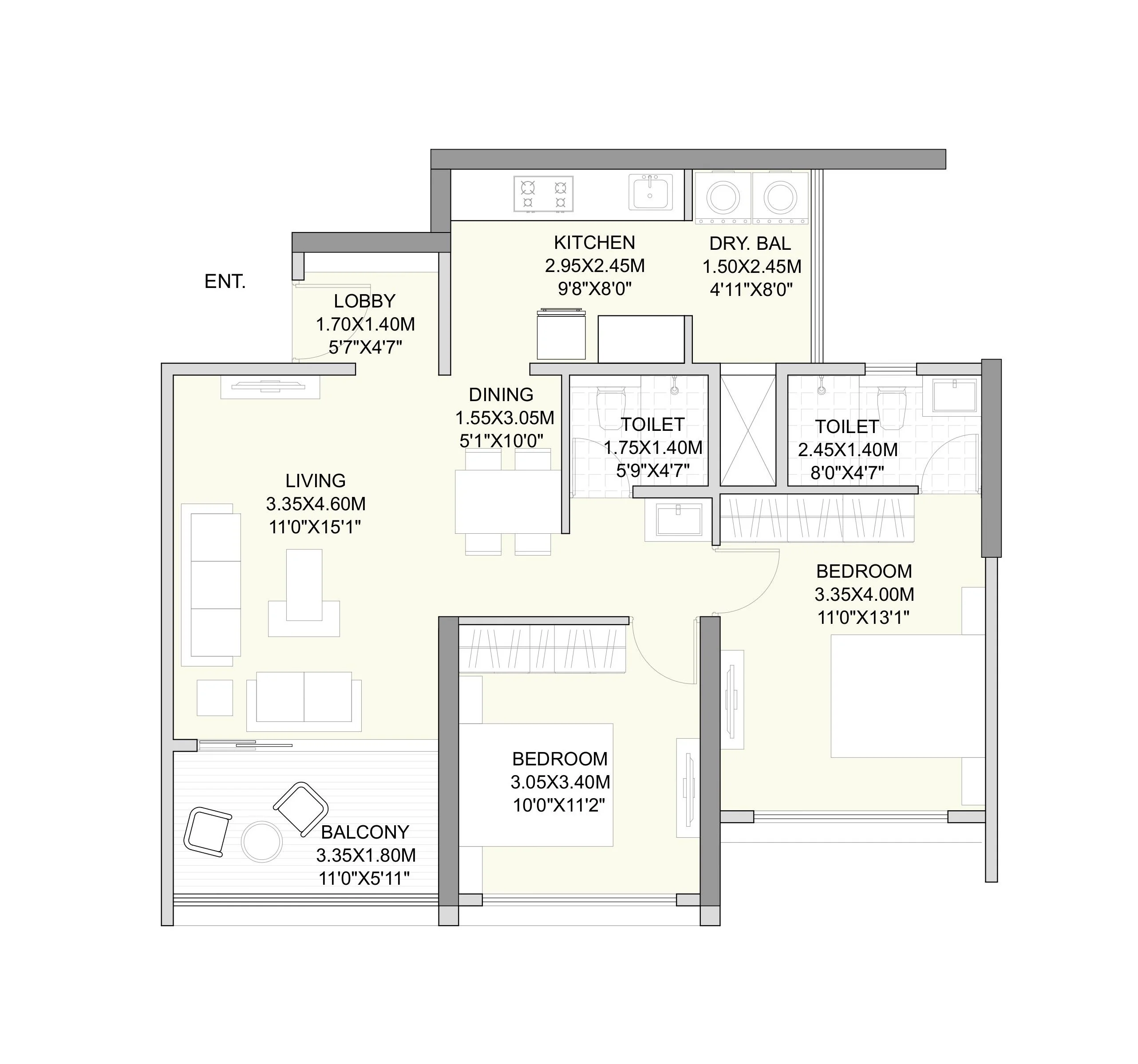2 BHK floor plan