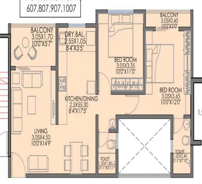 2 BHK floor plan