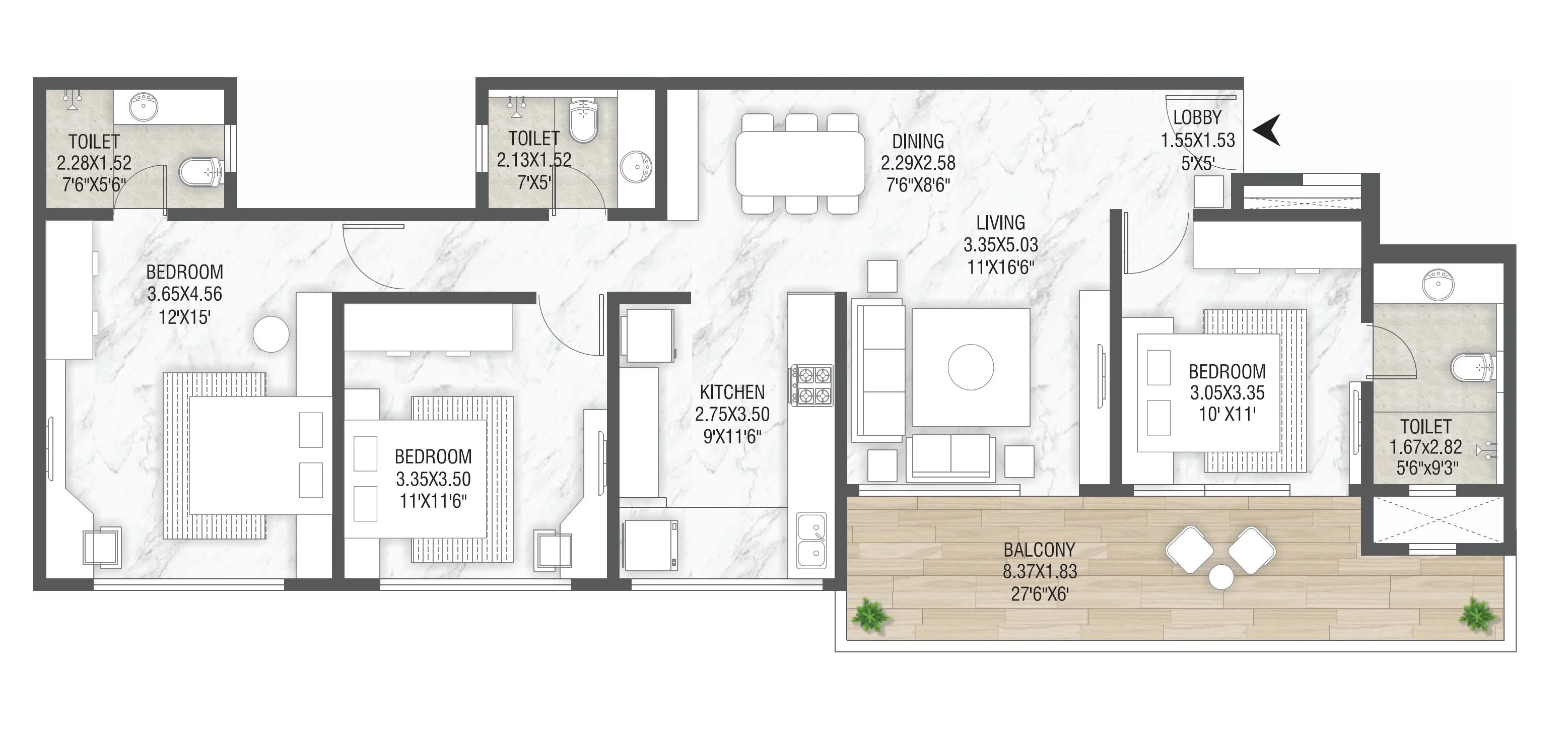 3 BHK floor plan