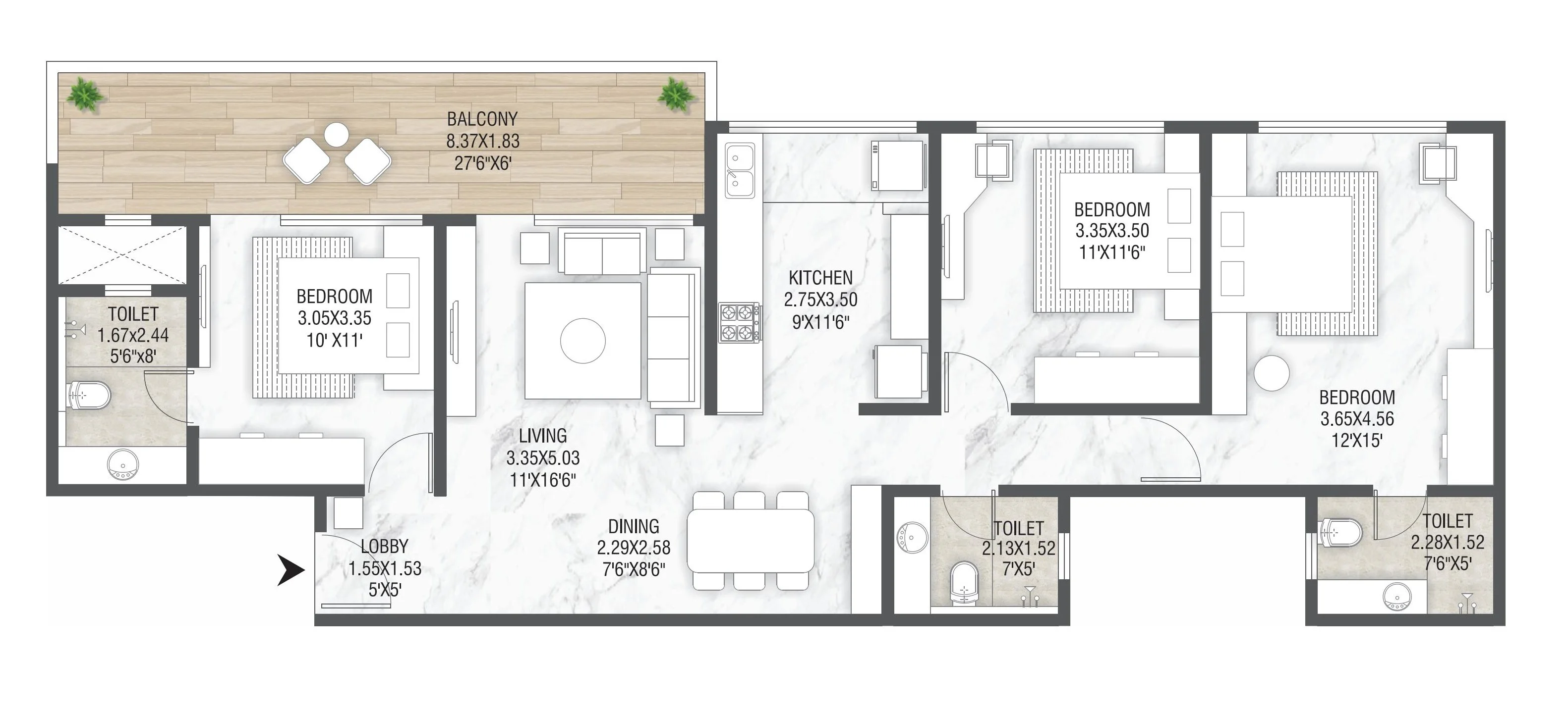 3 BHK floor plan
