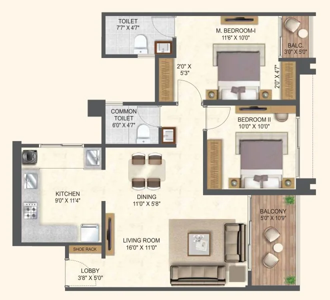 2 BHK floor plan