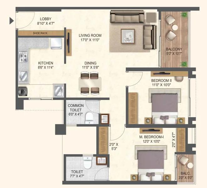 2 BHK floor plan
