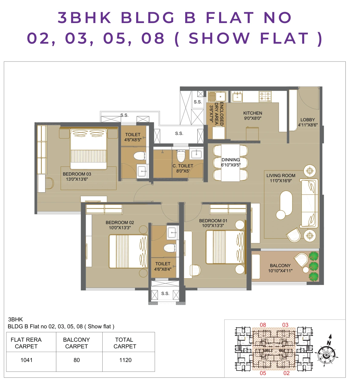 3 BHK floor plan — Park Eden, Kharadi