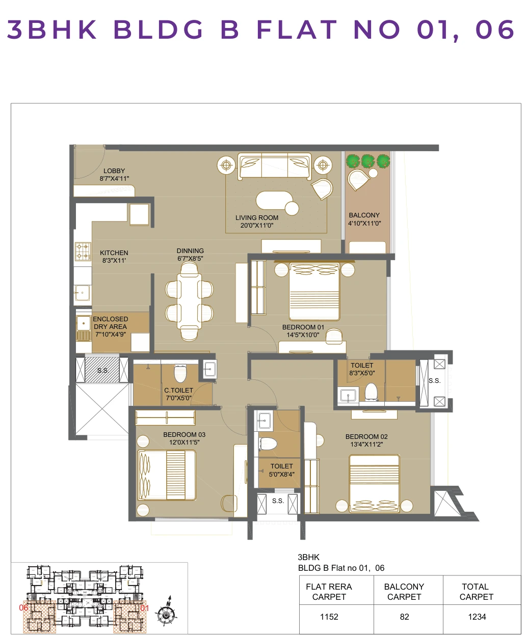 3 BHK floor plan — Park Eden, Kharadi