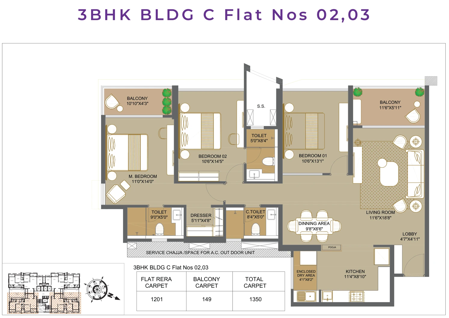 3 BHK floor plan — Park Eden, Kharadi