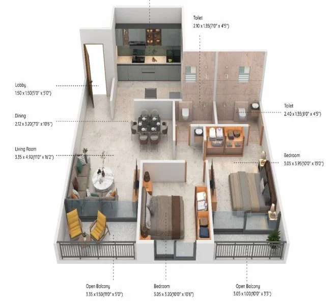 2 BHK floor plan