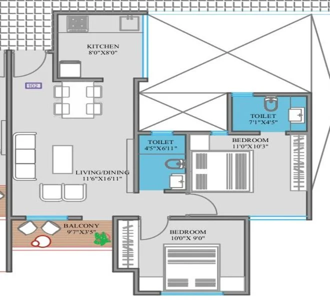 2 BHK floor plan