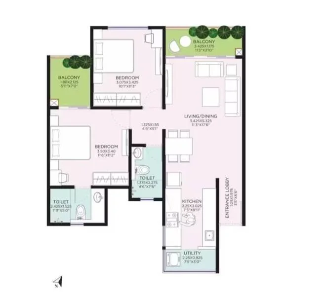 2 BHK floor plan