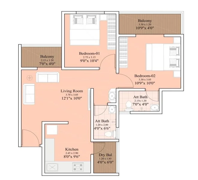 2 BHK floor plan