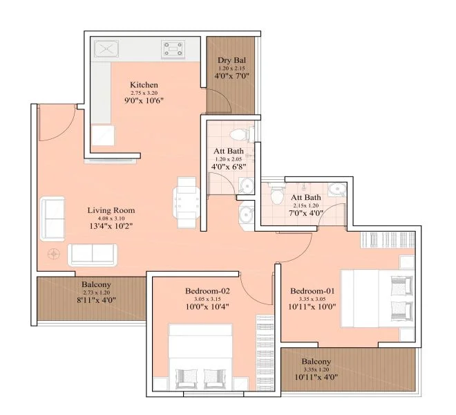 2 BHK floor plan