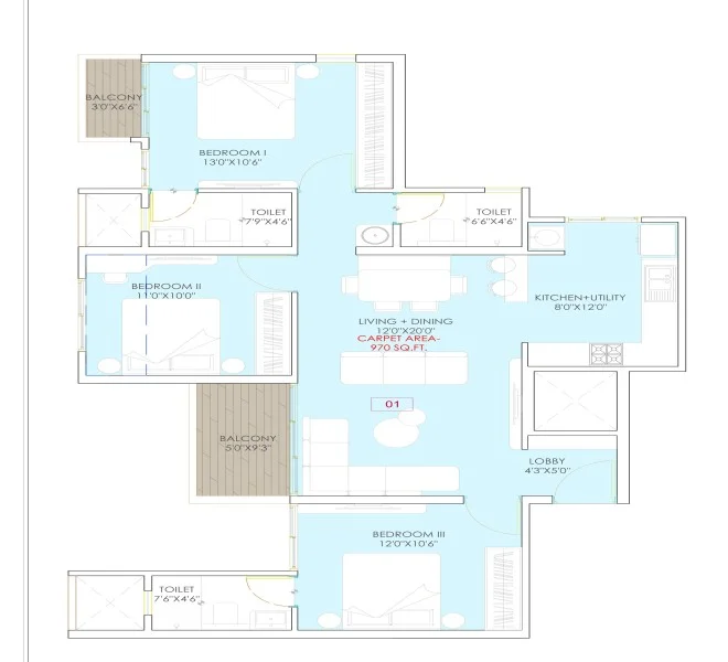 3 BHK floor plan