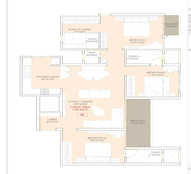 3 BHK floor plan
