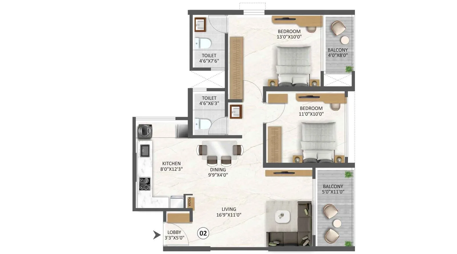 2 BHK floor plan