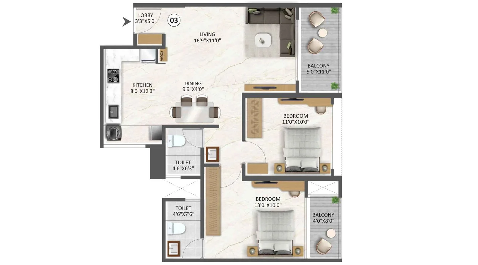 2 BHK floor plan