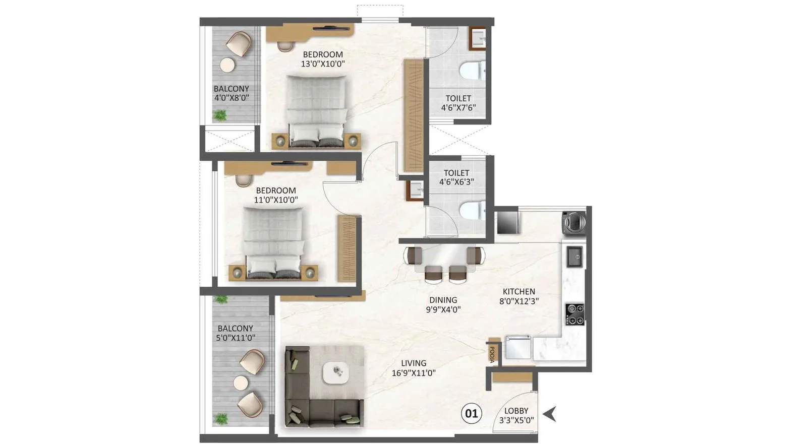 2 BHK floor plan