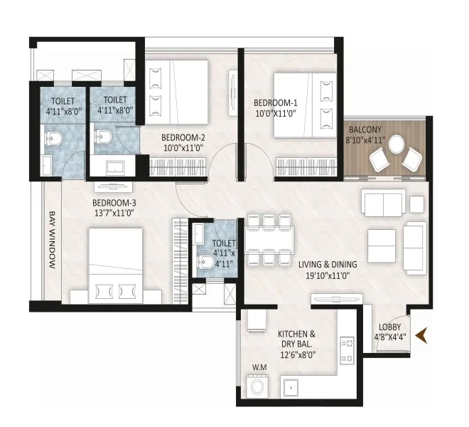 3 BHK floor plan