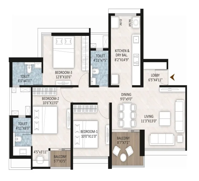 3 BHK floor plan