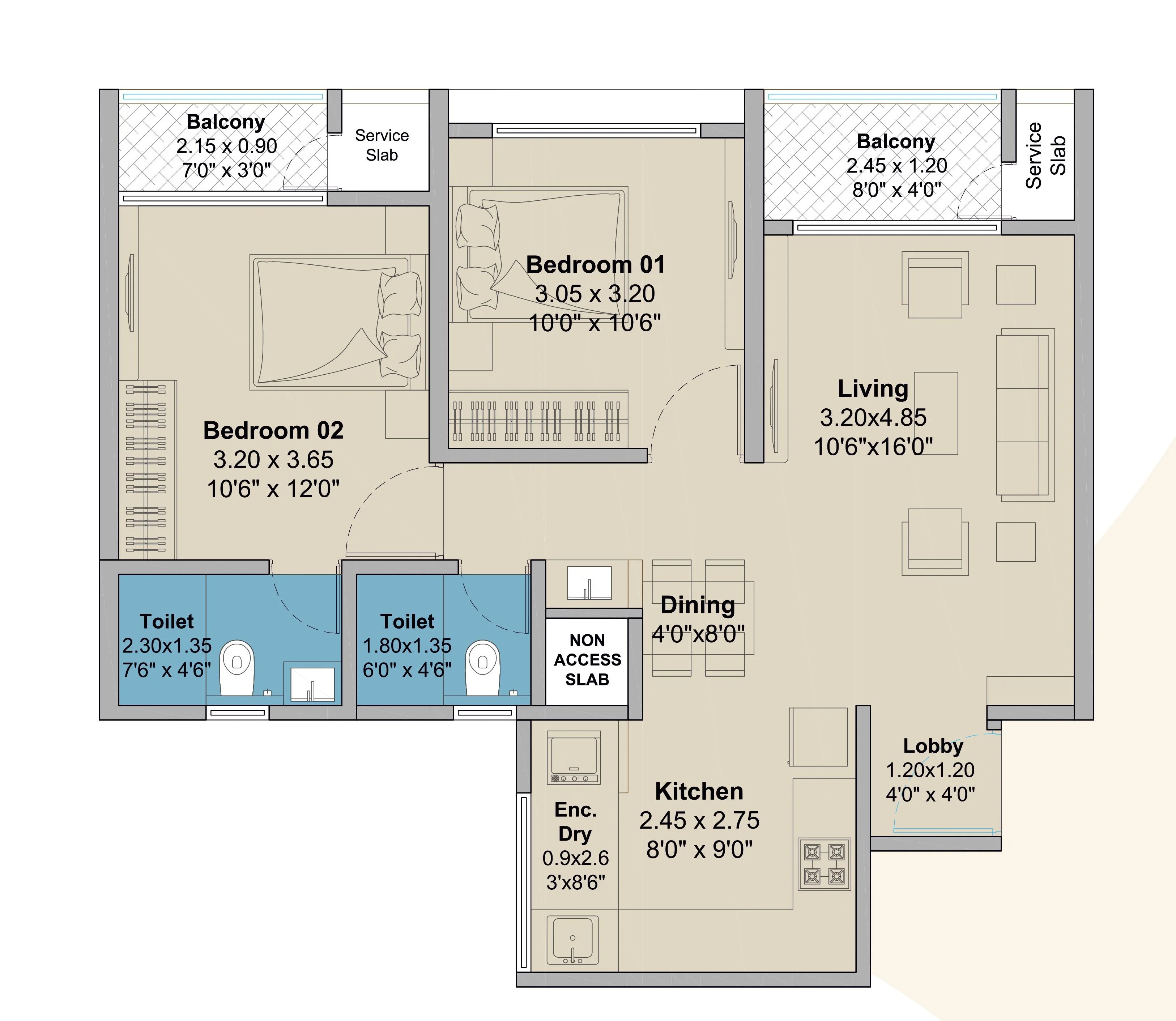 2 BHK floor plan