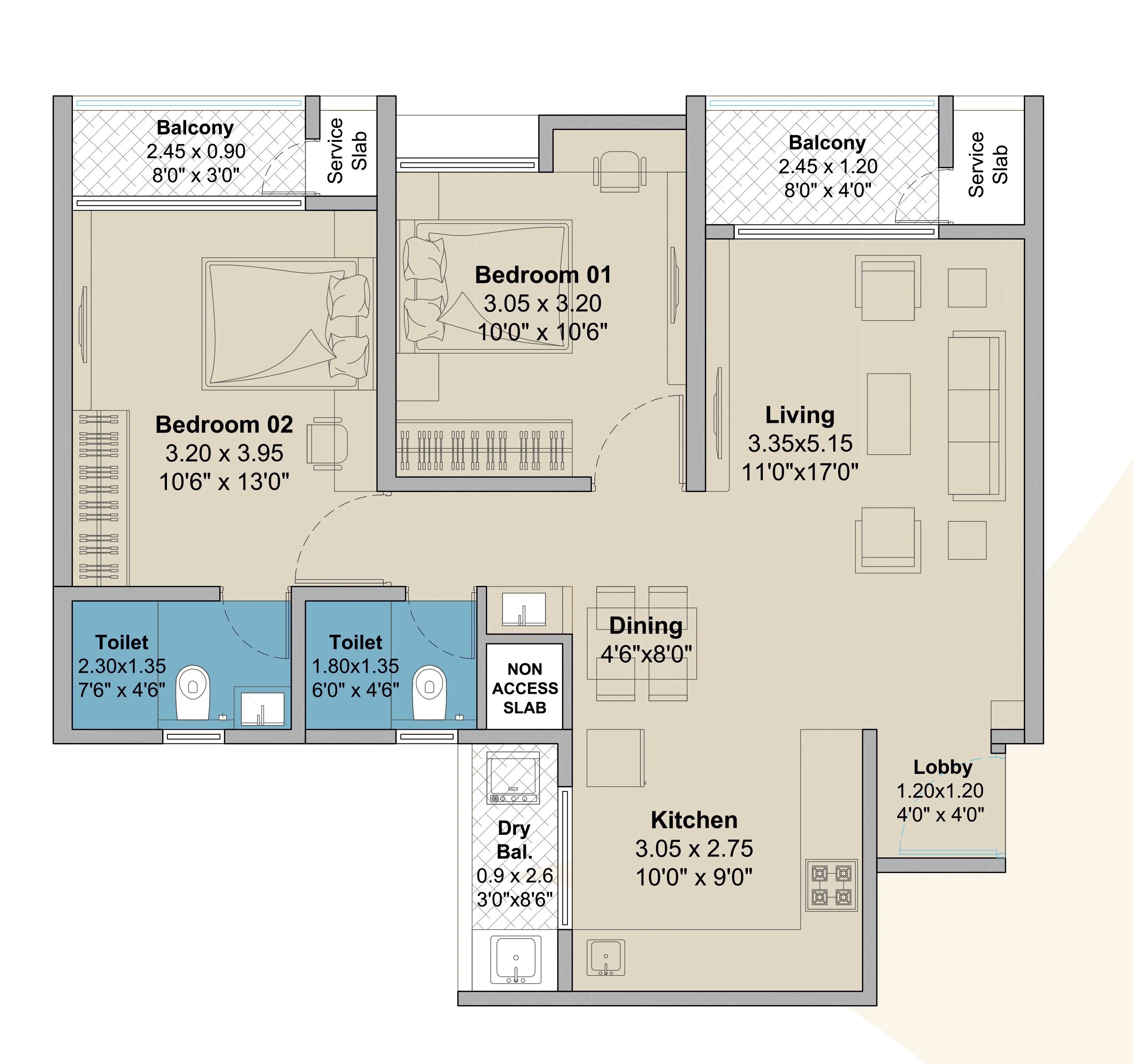 2 BHK floor plan