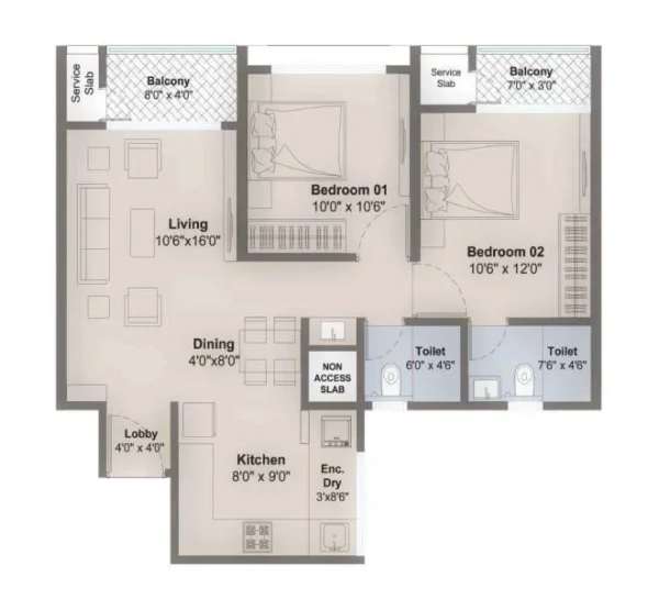 2 BHK floor plan