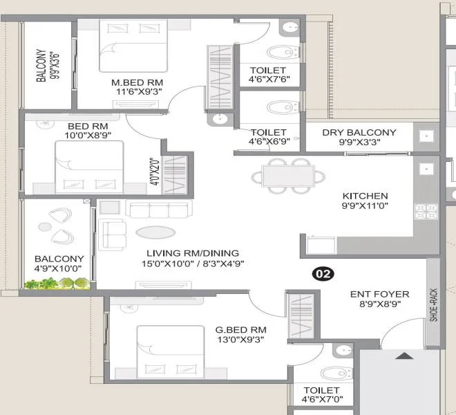 3 BHK floor plan