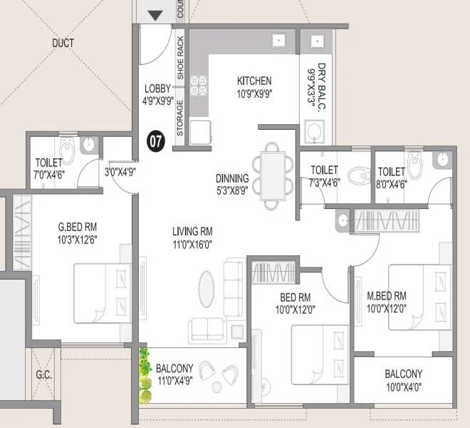 3 BHK floor plan