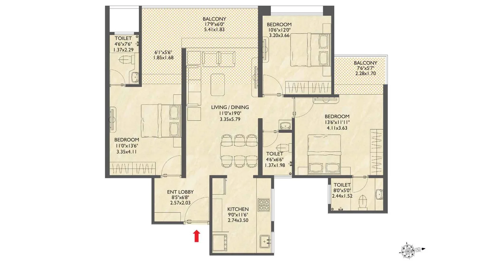 3 BHK floor plan