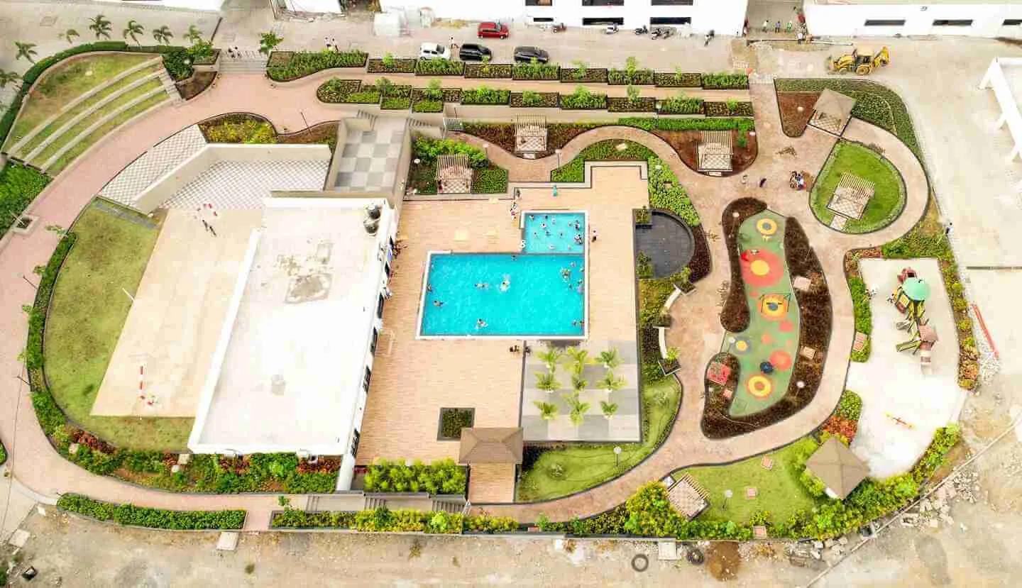 Aerial view of the L Axis podium garden and pool, Moshi Pune