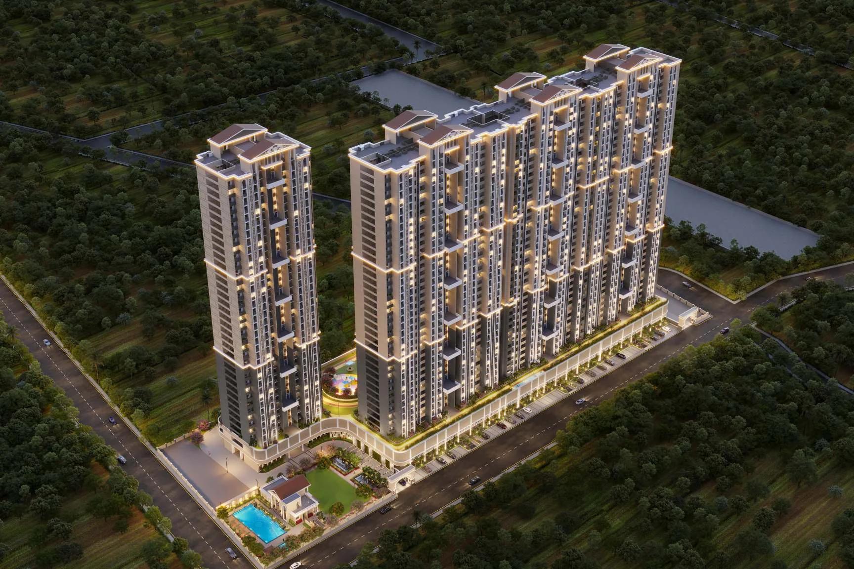 Aerial view of VTP Aurelia high-rise towers with podium amenities, New Kharadi, Pune (artist's impression)