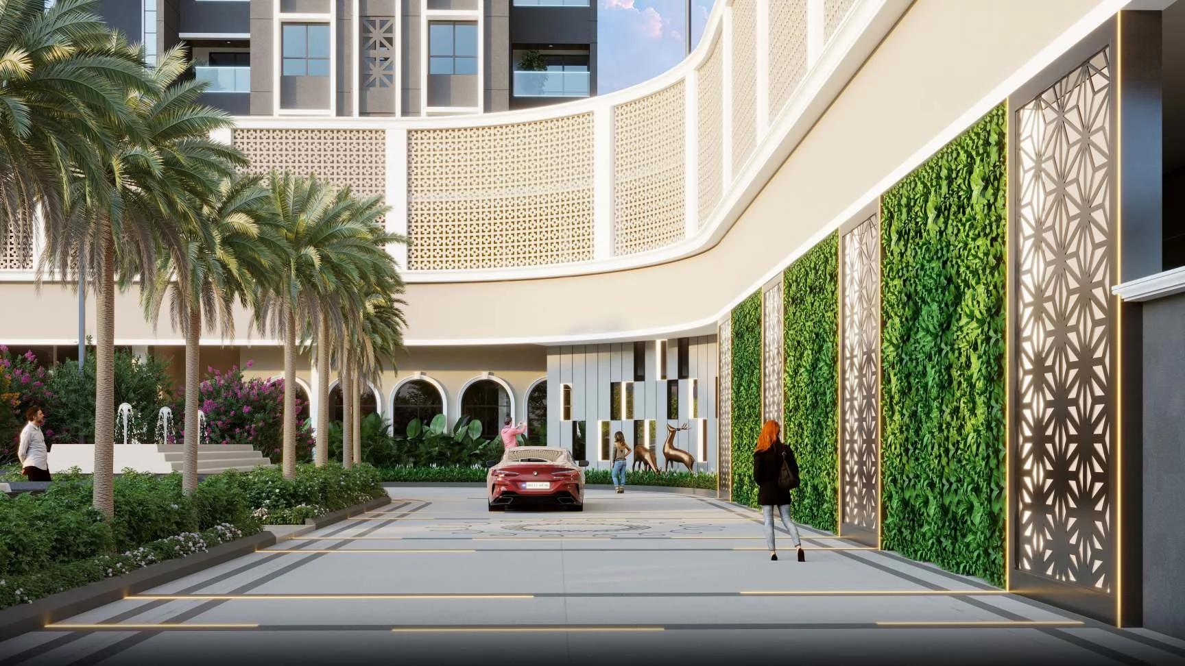 Grand entrance plaza with green walls and drop-off at VTP Aurelia (artist's impression)