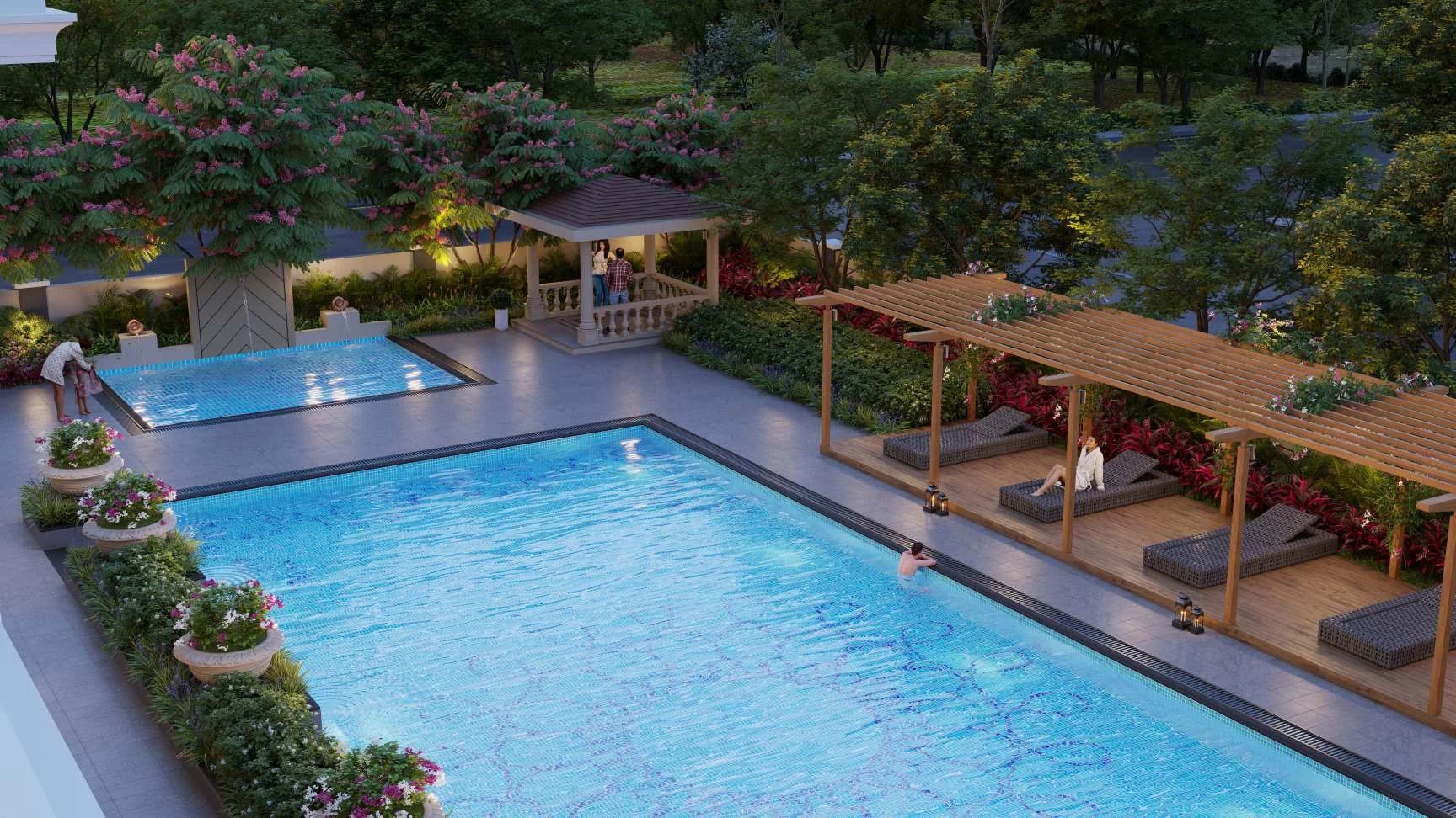 Swimming pool with kids' pool, pergola deck and gazebo at VTP Aurelia (artist's impression)