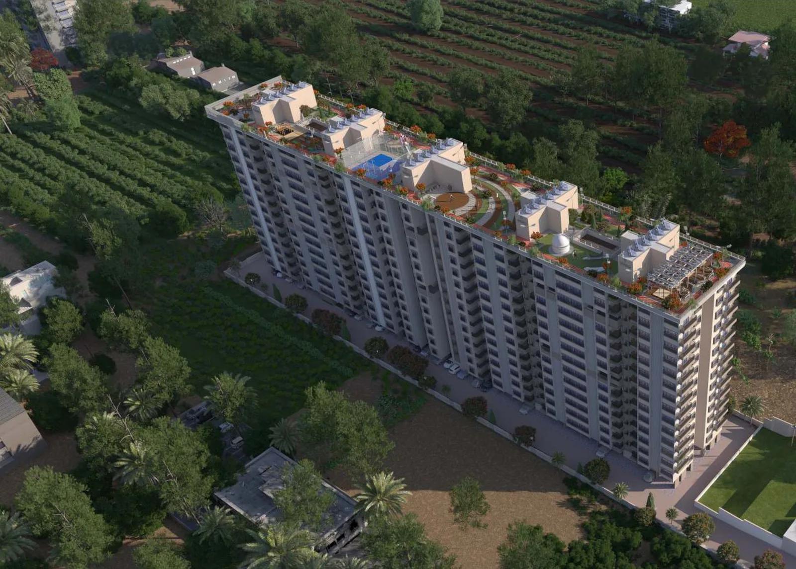 Aerial view of Panoreeva Greens tower and surrounding greenery, Walhekarwadi, Chinchwad