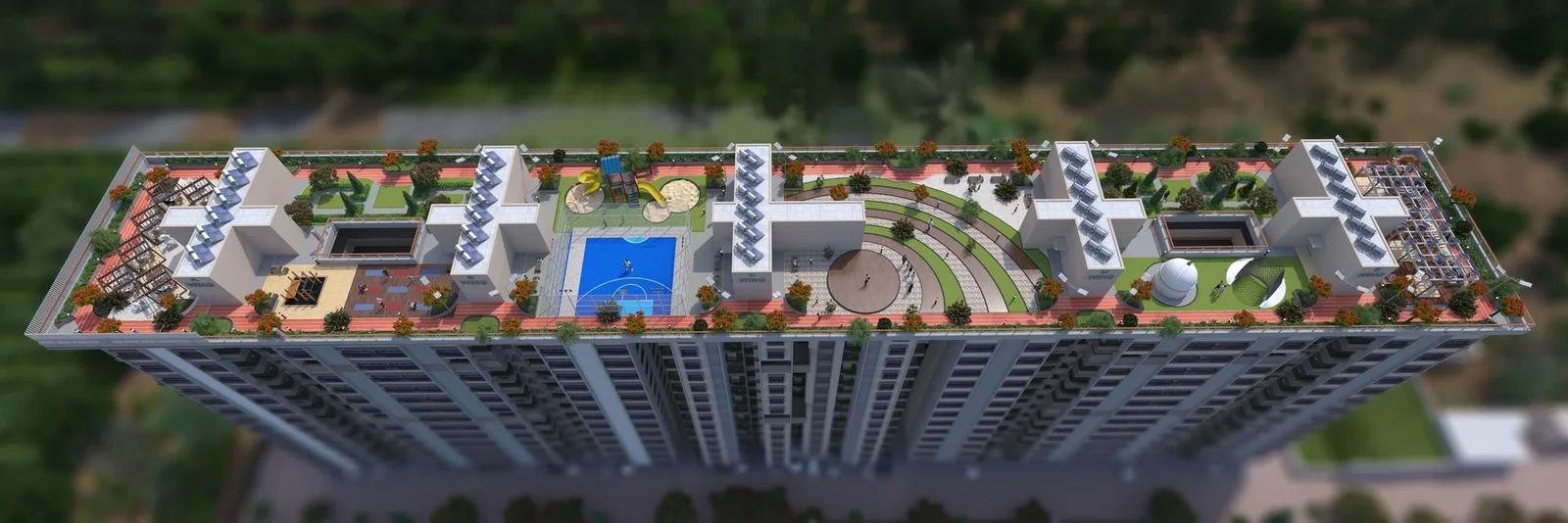 Top view of Panoreeva Greens rooftop amenity deck, Walhekarwadi, Chinchwad