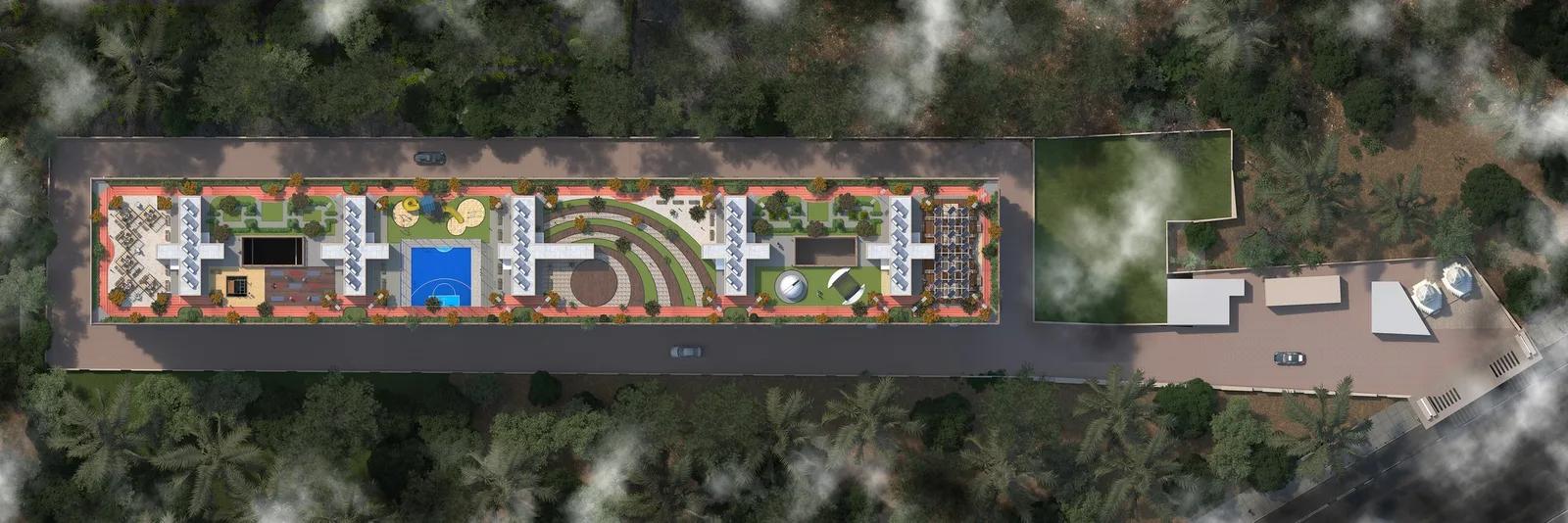 Panoreeva Greens rooftop landscape plan with garden and jogging track, Chinchwad Pune