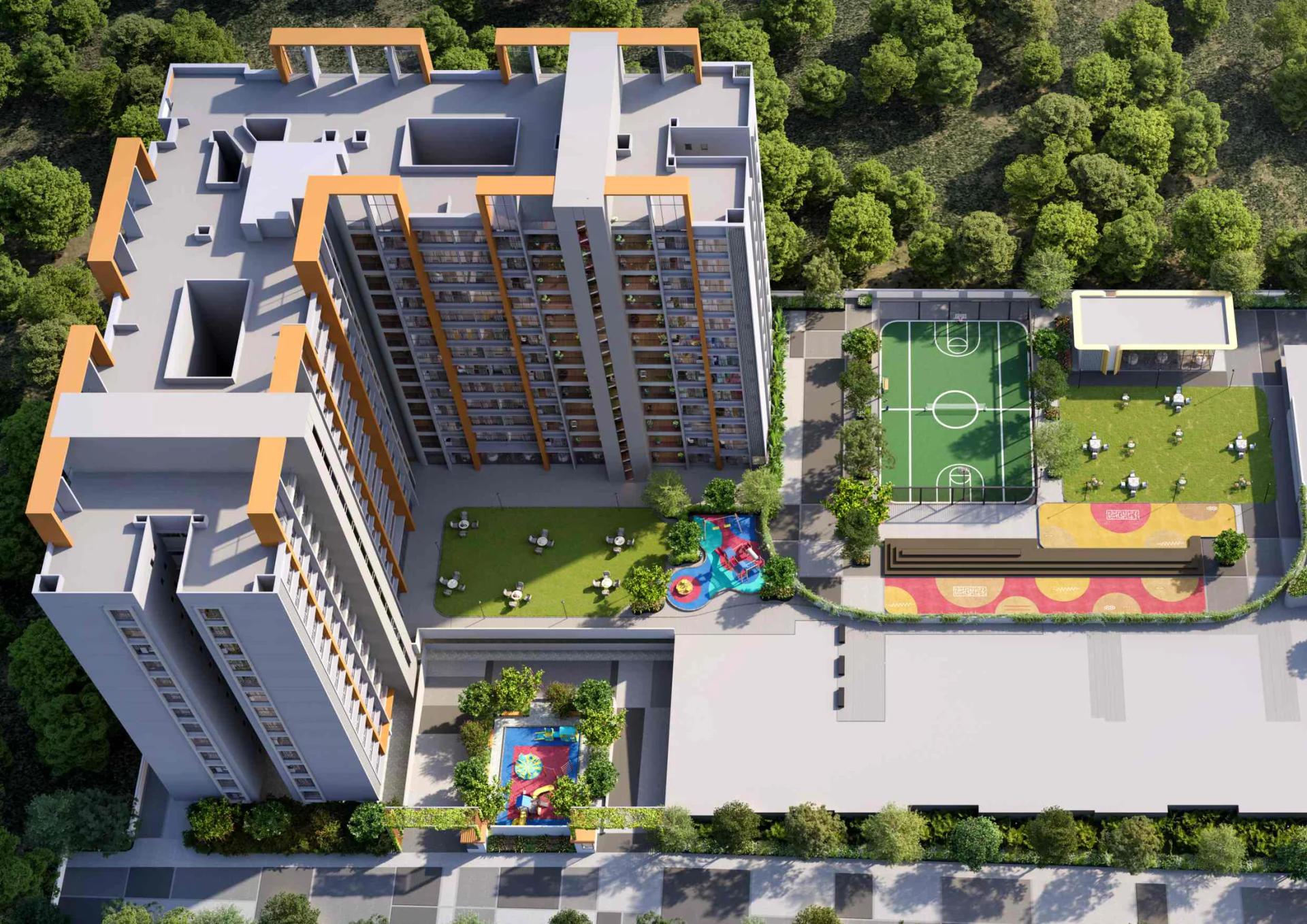 Aerial view of the towers, sports court and podium gardens at Codename Light, Keshav Nagar