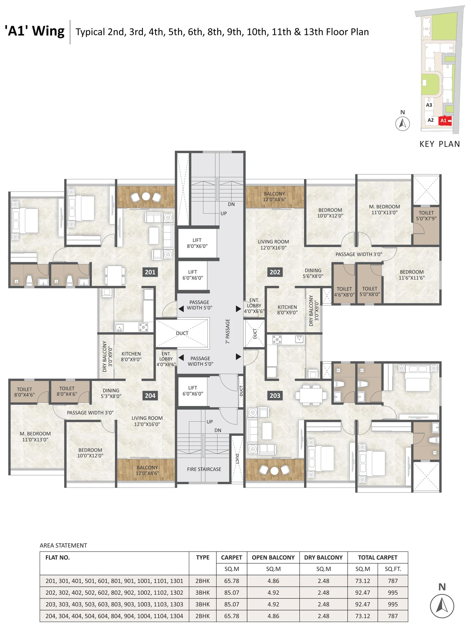 Typical floor plan of Wing A1 with area statement at Codename Light, Keshav Nagar